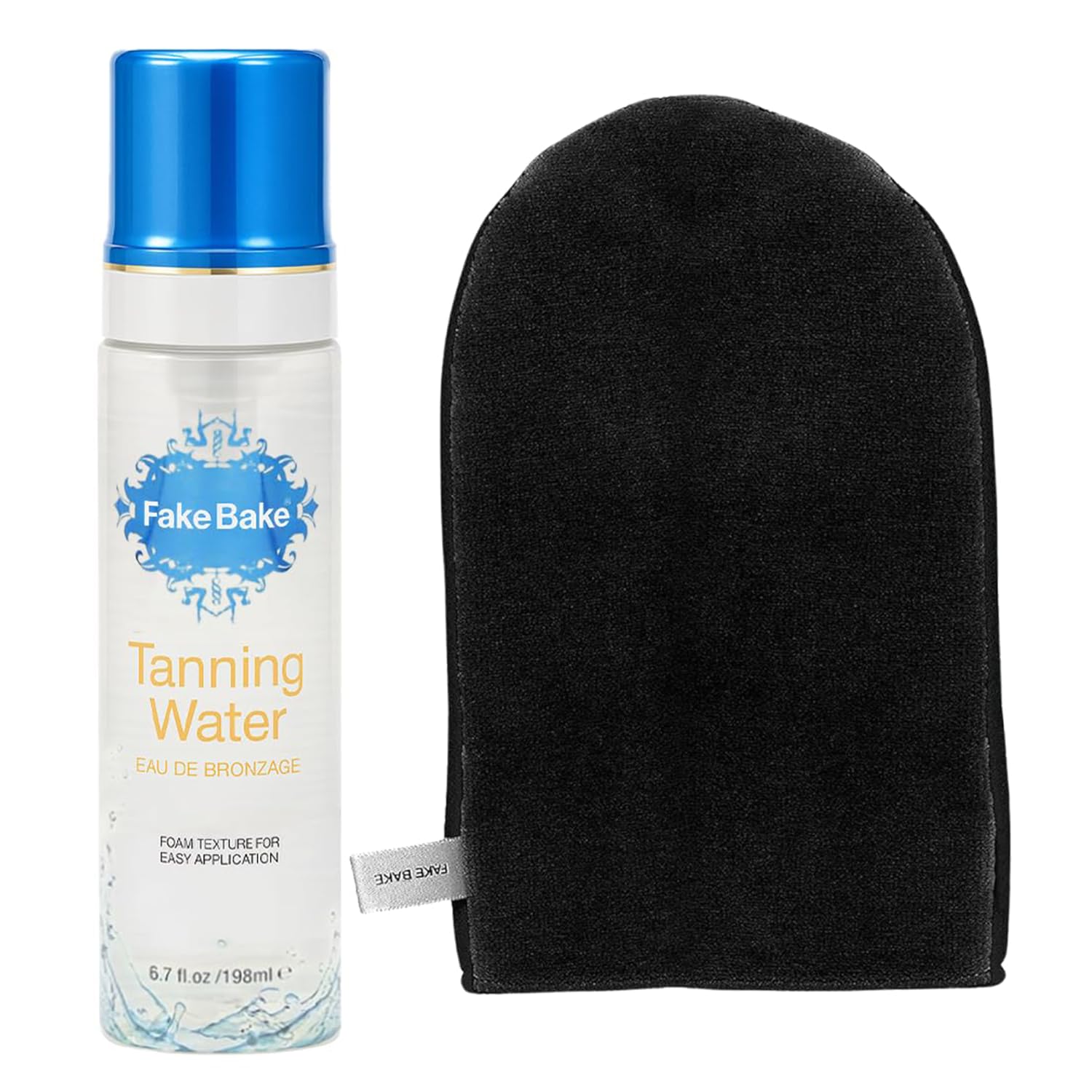 Fake Bake Foam Tanning Water Self Tanner with Ultimate Professional Mitt – Sunless Tanner for Face & Body with Hydrating Passion Flower | Instant Glow & Streak-Free Application | 6.7 oz