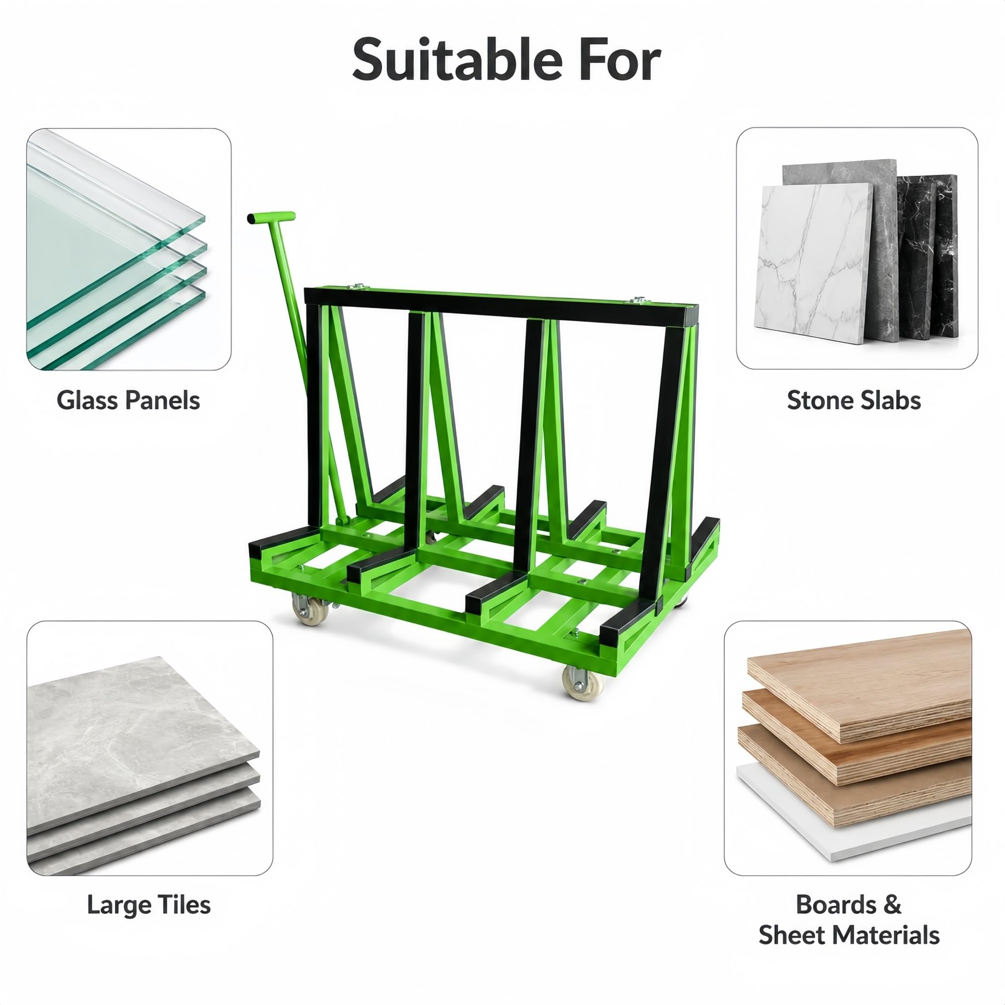 Plattenwagen mit Rollen for Glasplatten, Werkstatt und Lager | PVC-Kanten und Rohrrahmen, Griff und Rollen mit Bremse for Materialtransport im Lager(Green,200cm/78.7in)
