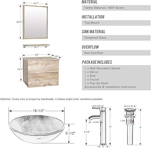Miniatura 2 de eclife Juego de lavabo de tocador de baño de 24 pulgadas montado en la pared con dos cajones marrón redondo vidrio templado fregadero con grifo ORB,