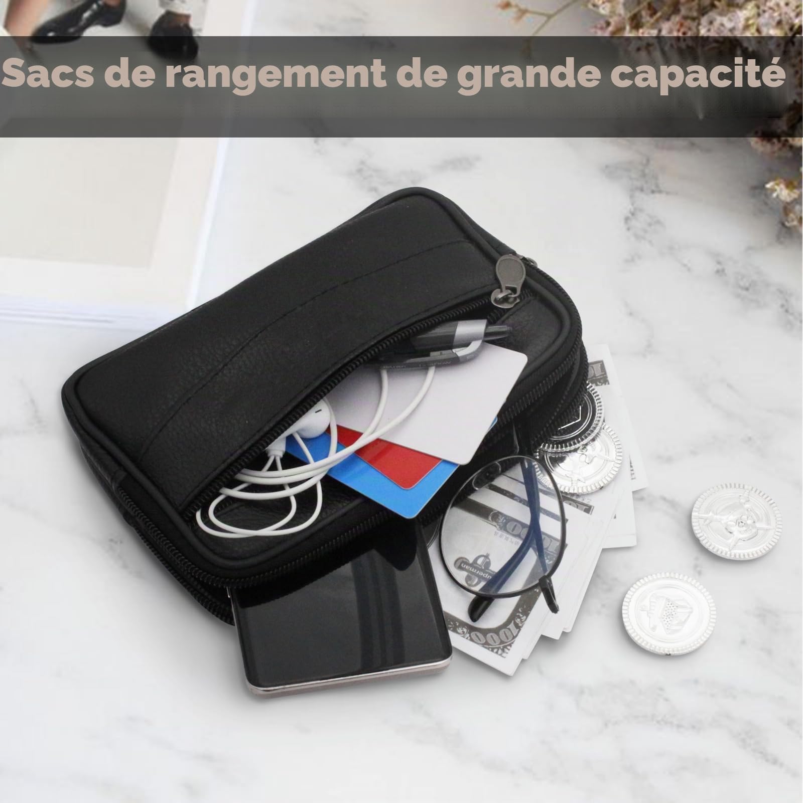 Pochette de ceinture étanche avec fermeture éclair multifonctionnelle pour randonnée, téléphone portable, clé de voiture, porte-cartes - Noir 7x4.3x1.6