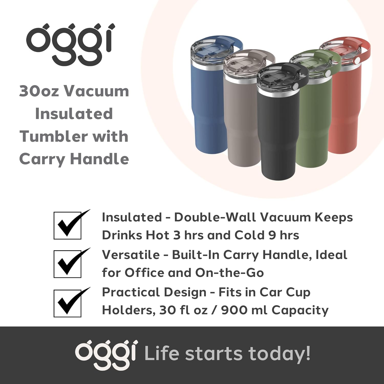 Oggi 30oz Vacuum Insulated Tumbler with Lid & Top Carry Handle – Stainless Steel Coffee Thermos, Travel Mug, Fits Cup Holders, Sweatproof, for Hot or Cold Drinks, Insulated Mug for Adults, Apricot - Image 7