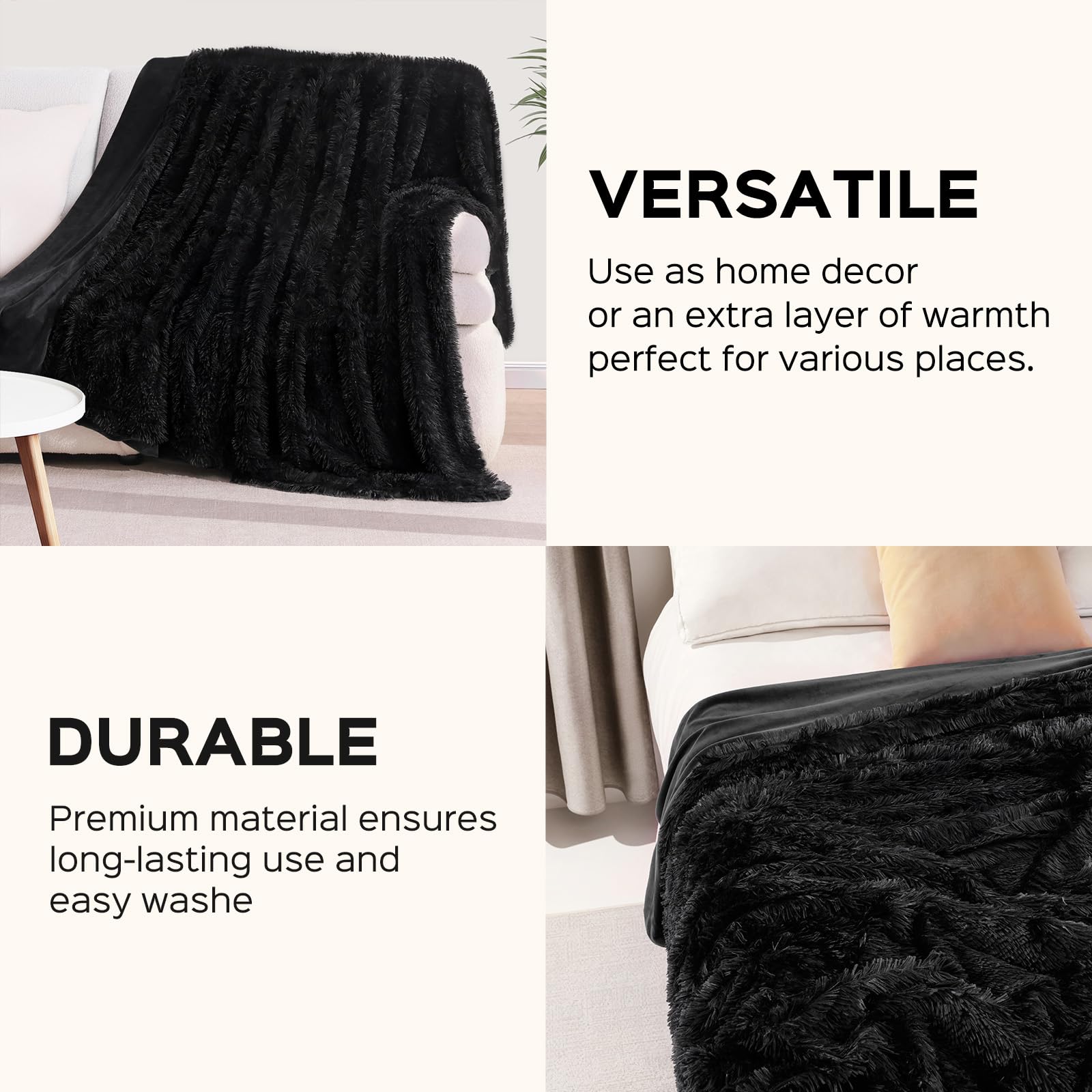 KANKAEU Coperta 160x200 cm, Coperta Pelliccia Morbida e Soffice, Plaid Decorative per Divano e Letti, Coperta Pile Calda e Accogliente, Plaid Matrimoniale, Copriletti,Nero Lucido