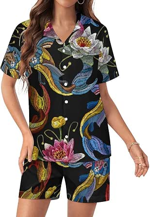 Anyally Women's Plus Size Pajama Set - Short Sleeve Button Top & Capri Pants Lounge Set (Green Floral)