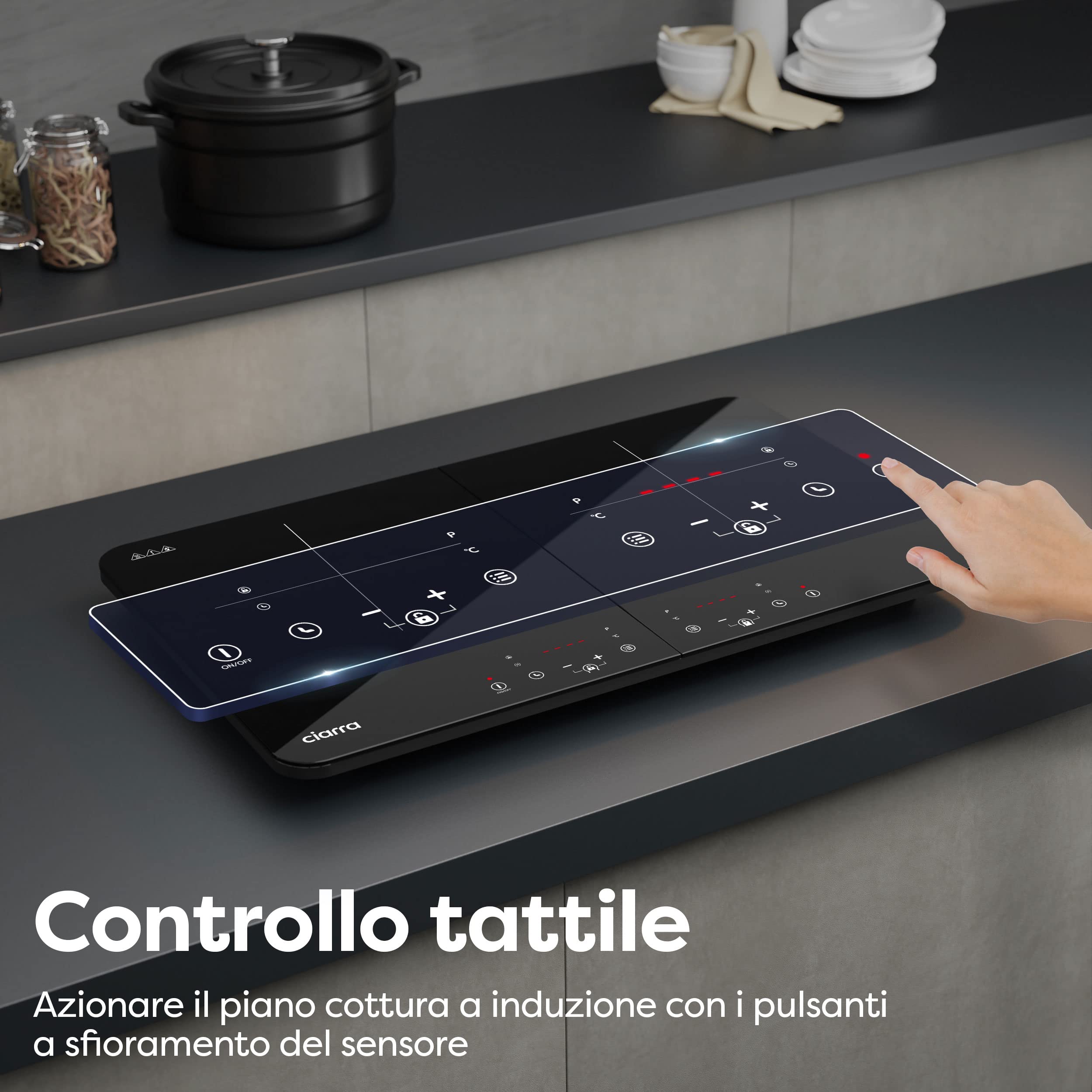 CIARRA CBTIH2 Doppio Piano Cottura a Induzione 3500 W Piastra Induzione 9 Livelli Pannello Controllo Touch Interruttore Sicurezza Multiplo Timer Automatico Blocco Bambini Nero