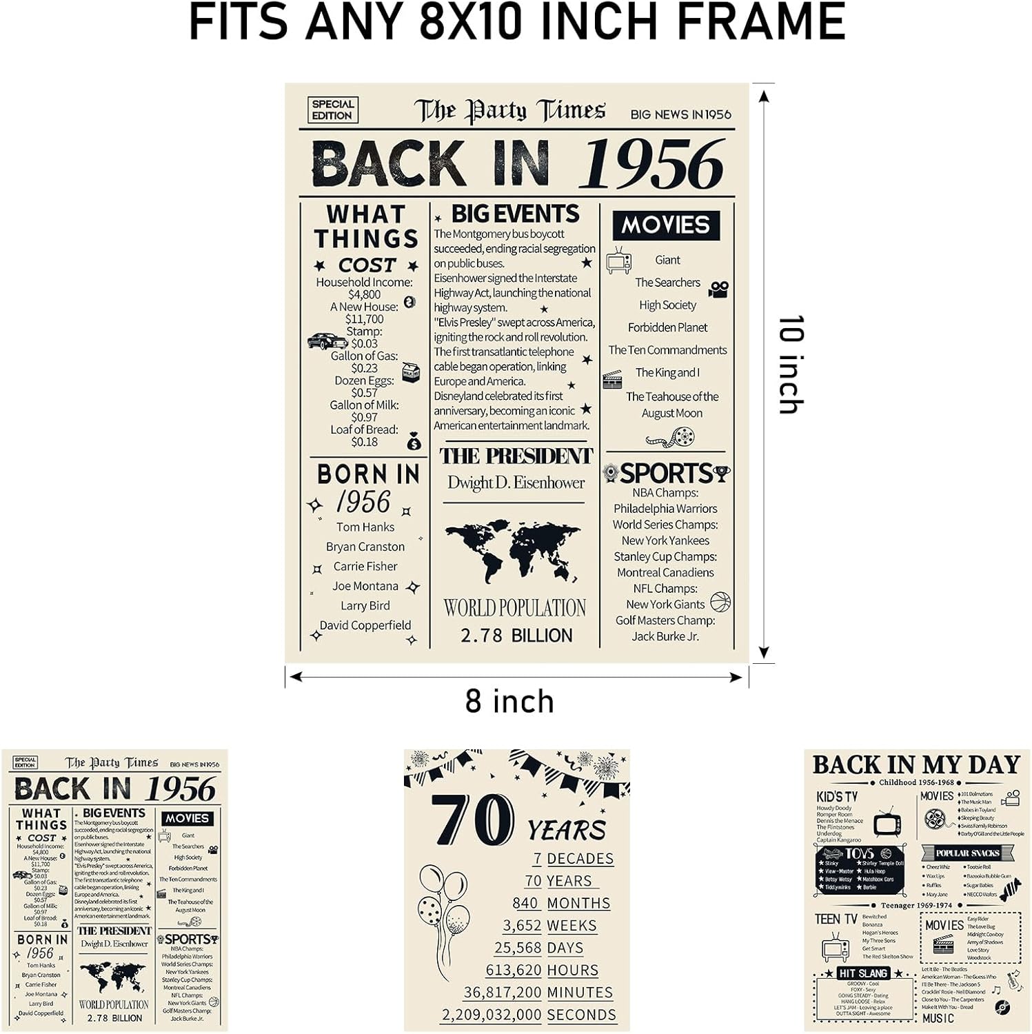 HOMANGA 70th Birthday Decorations for Men and Women, 3 Pieces Vintage 70 Years Birthday Anniversary Posters, Back in 1956 Party Decoration Supplies, 70th Birthday Gifts for Men and Women 8x10 Inch - Image 2