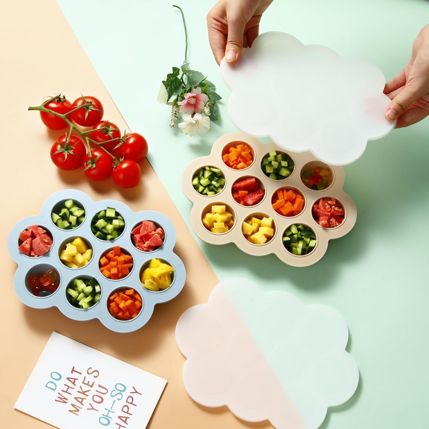 PandaEar Confezione da 3 contenitori per alimenti per bambini in silicone con coperchio blu/verde/carne
