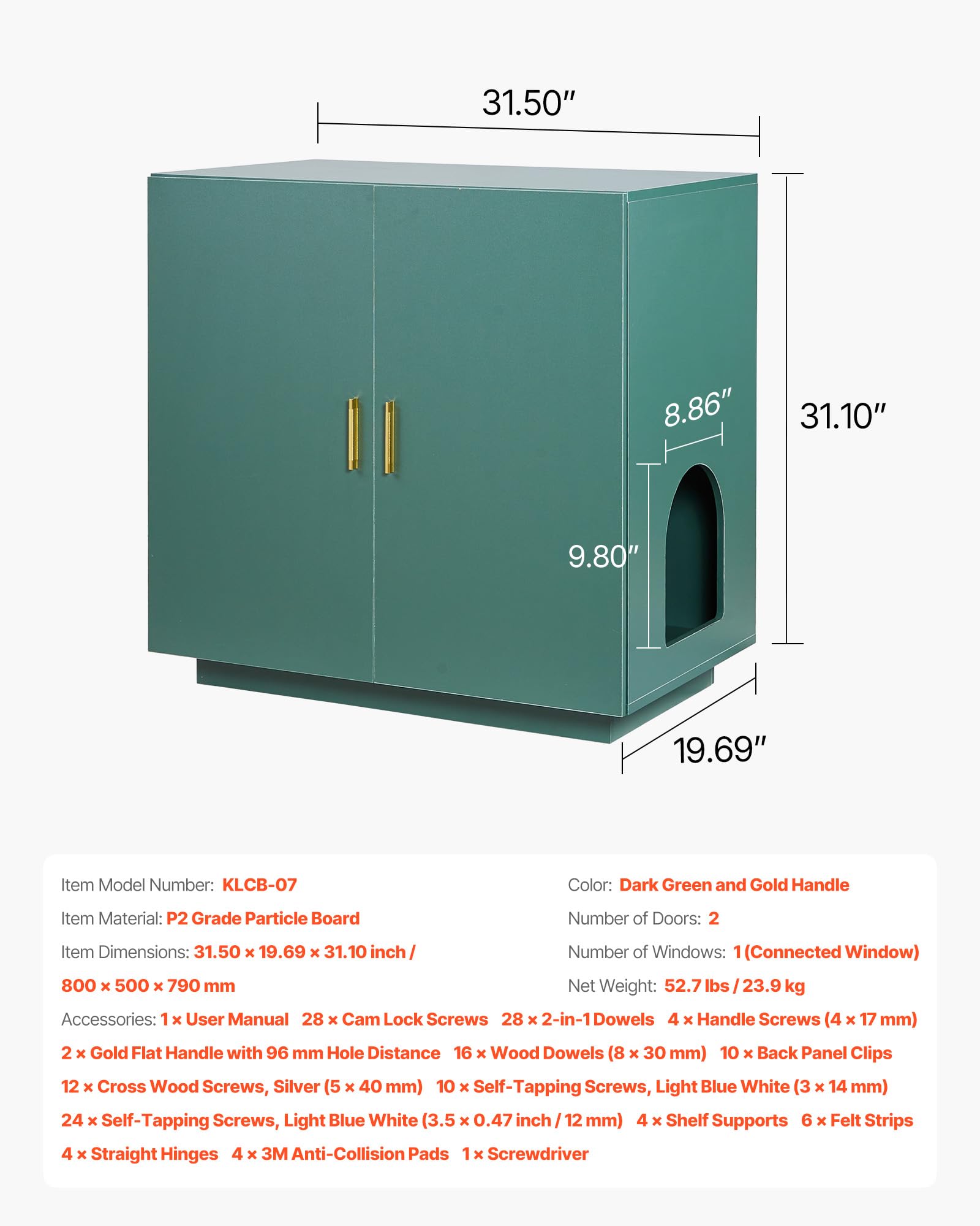 VEVOR Meuble pour Bac à Litière Chat Armoire Cache Maison de Toilette de Chat Double Porte, Niche Cache-litière Bois avec Trous d'Aération, pour la Plupart Bacs à Litière Chats, 80 x 50 x 79 cm, Vert