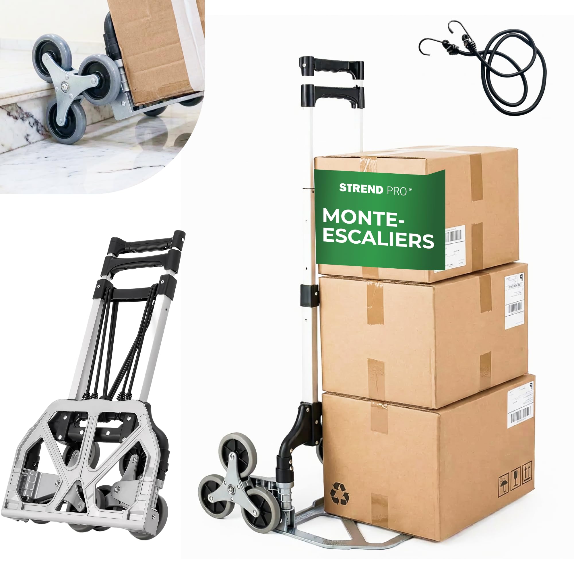 STREND PRO Diable Monte-Escalier 80kg | Diable Pliable avec Systeme A 3 Roues | Chariot Robuste pour Escaliers & Marches | Diable Reglable en Hauteur & Compact