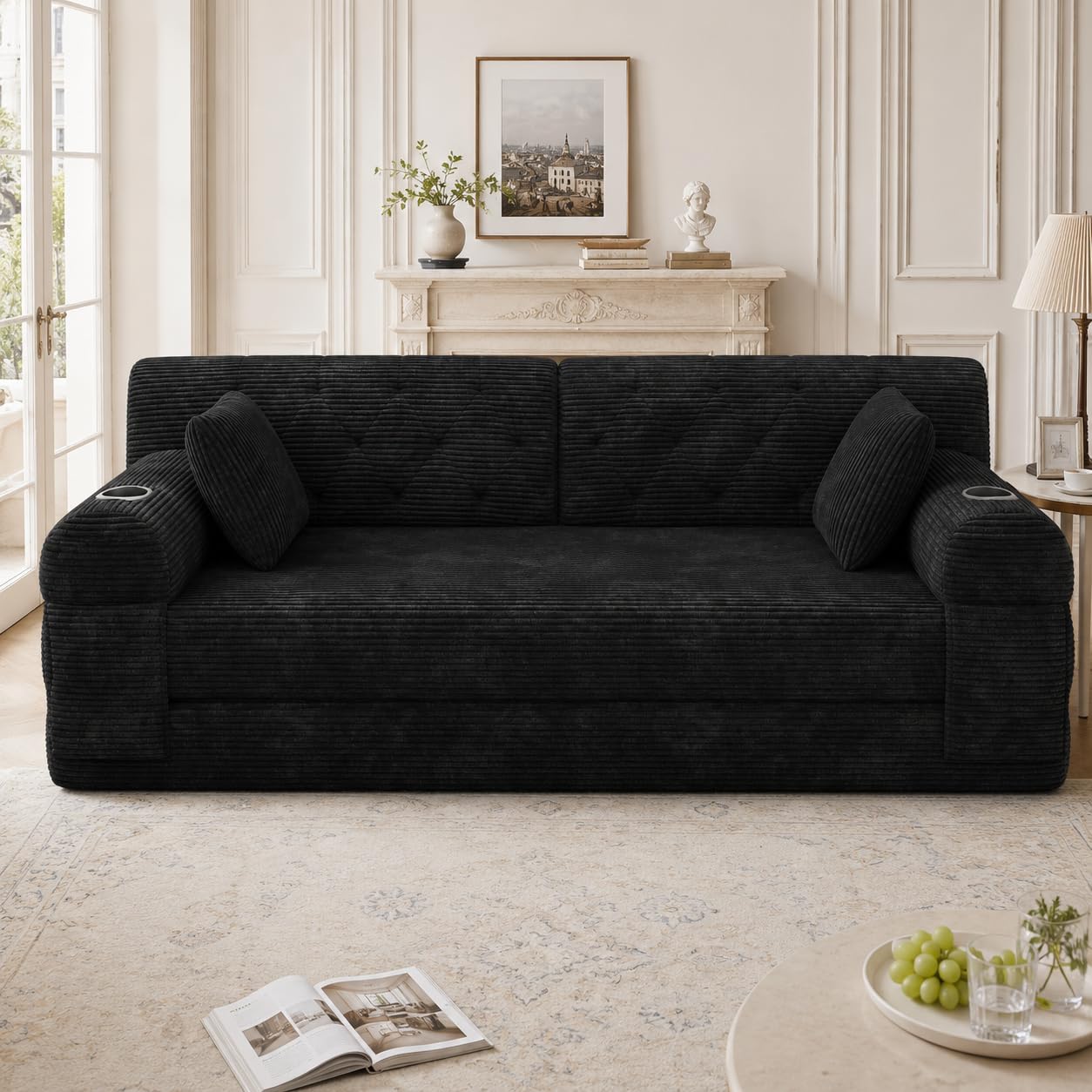 Generisch 2-osobowa sofa z funkcją spania Cord czarna bez montażu do małych pomieszczeń