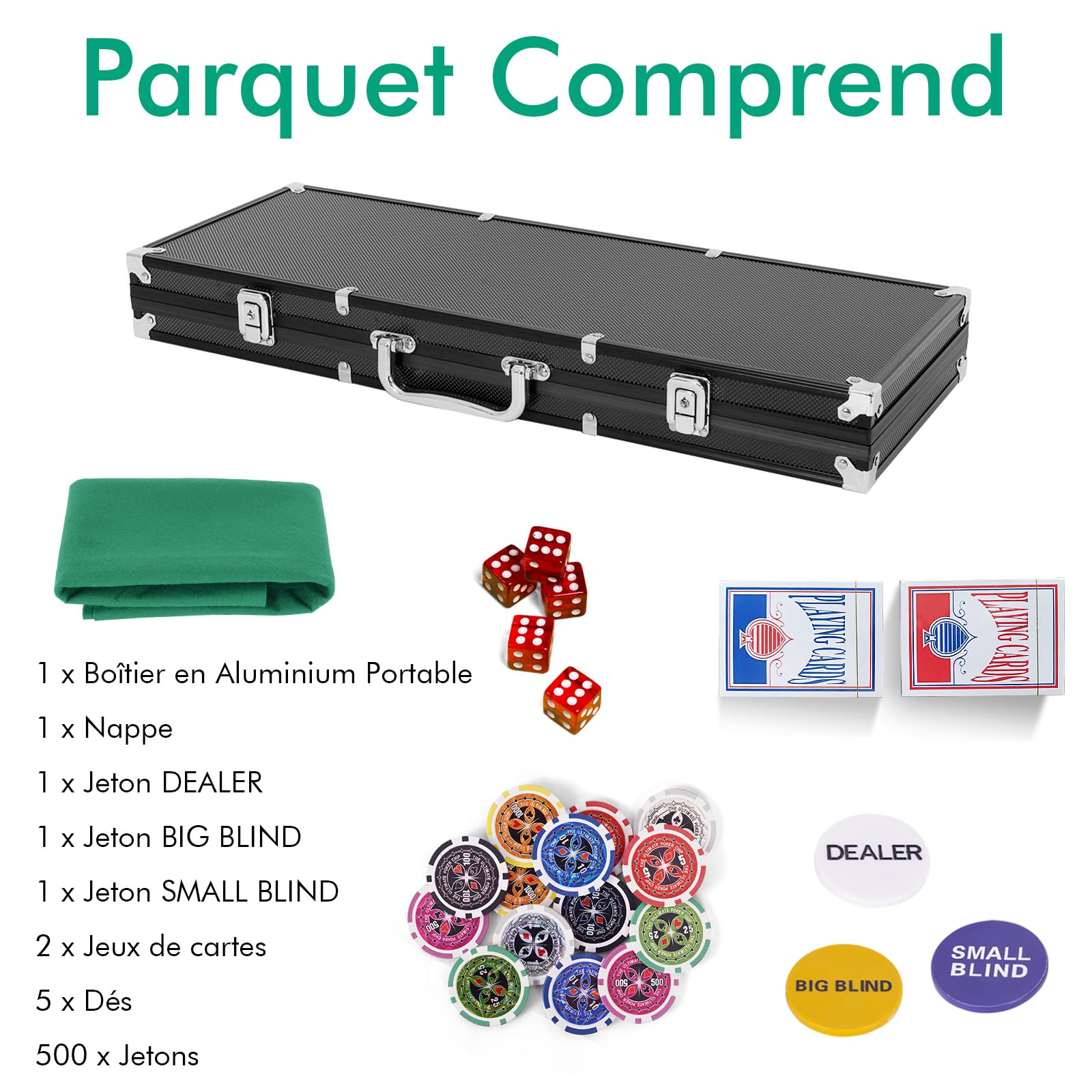 DREAMADE Set de Poker avec 500 jetons de Poker Laser & Valise en Aluminium & 2 Jeux de Cartes & 5 dés & 3 Boutons de Croupier & Nappe, Jeu de Poker Professionnel (Noir)
