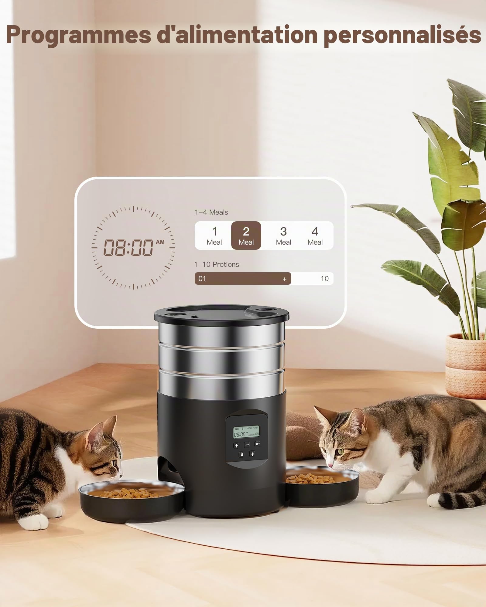Distributeur Croquettes Chat Automatique Double: Inox Distributeur Croquettes Chien avec 2 Bols - Acier Inoxydable Gamelle Electronique pour Chat - 5L Mangeoire Programmable pour Petite/Moyenne Animau