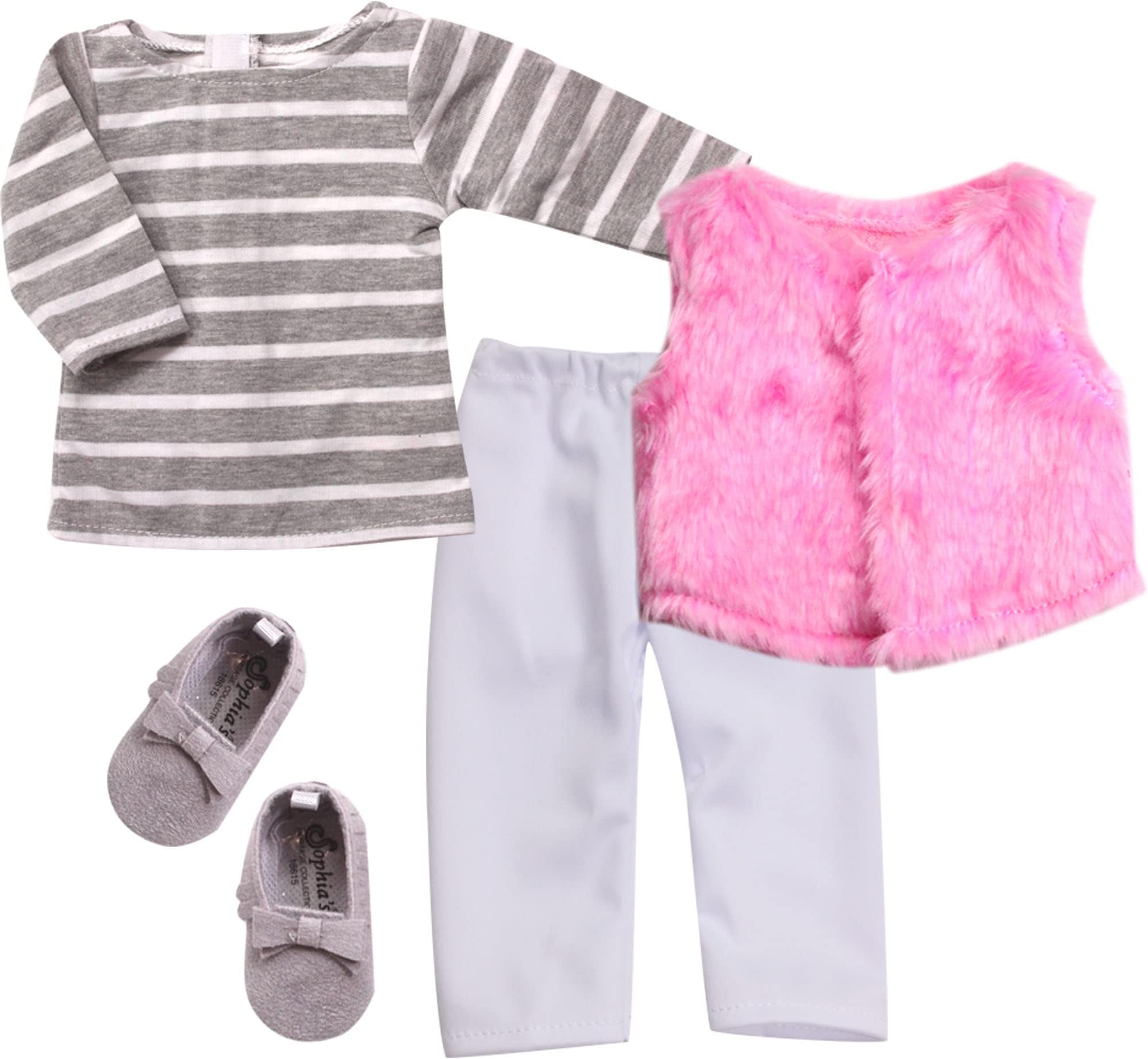Sophia's 15 inch Baby Doll Clothes & Accessories Set with Striped T-Shirt Dress, Shaggy Vest, Solid White Leggings, & Suede Moccasin Shoes for 15" Girl Dolls, Pink/Gray