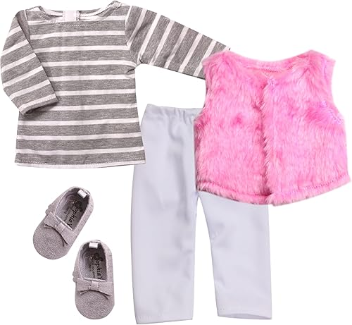 Sophia's Conjunto de ropa y accesorios para muñecas de bebé de 15 pulgadas con vestido de camiseta a rayas, chaleco peludo, leggings blancos sólidos