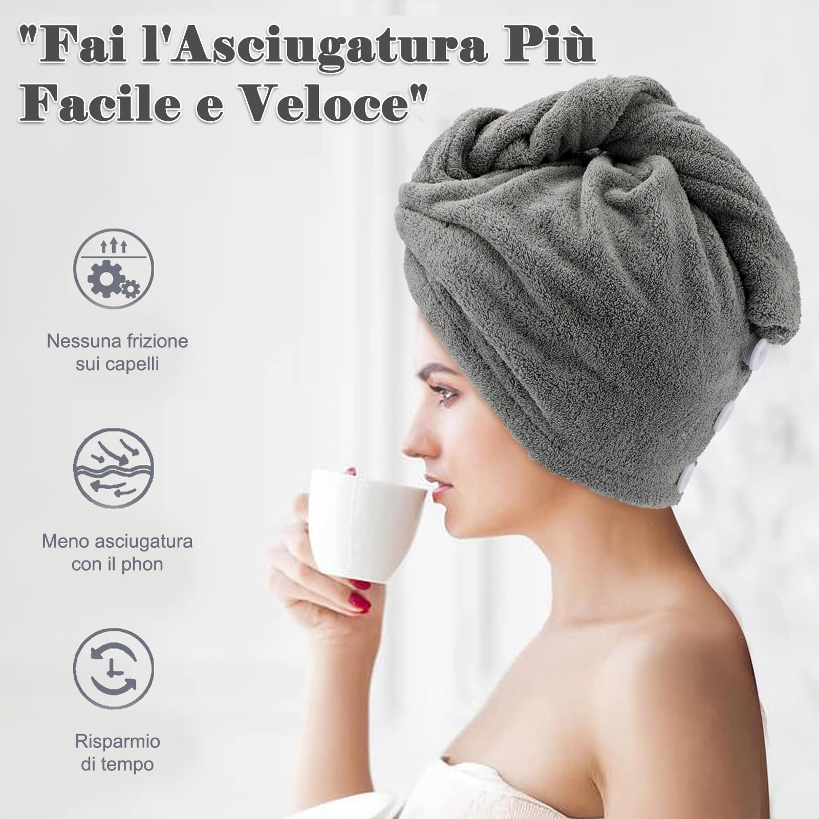 FREATECH 3 Pezzi Asciugamano Capelli in Microfibra - Asciugare Rapidamente i Capelli Bagnati senza Crespo, Turbante Capelli Morbido e Assorbente con 3 Bottoni per Donna, Bambino, Capelli Lunghi Ricci