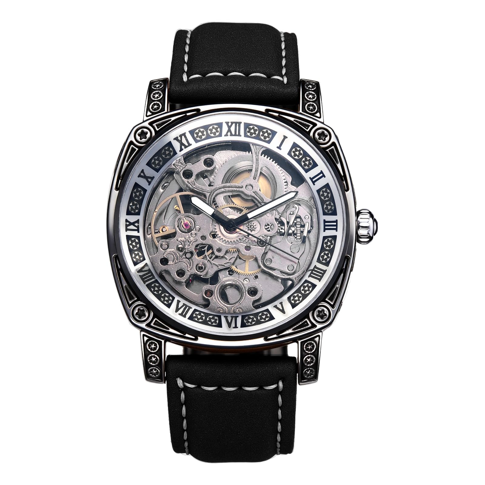 JewelryWe Zegarek męski Steampunk zegarek automatyczny ze skórzanym paskiem: Vintage automatyczny mechaniczny zegarek na rękę męski czarny skóra naturalna bransoletka rzymskie cyfry szkielet zegarek z