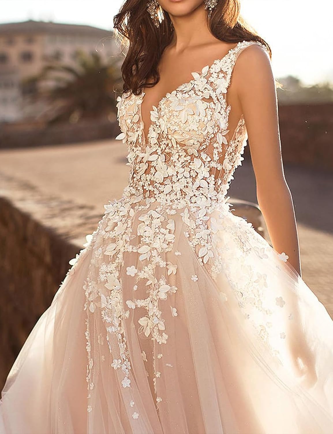 Elegant V - Neck A - Line Wedding Dress with Delicate Flower Embroidery and Tulle Skirt for Bridal Occasion