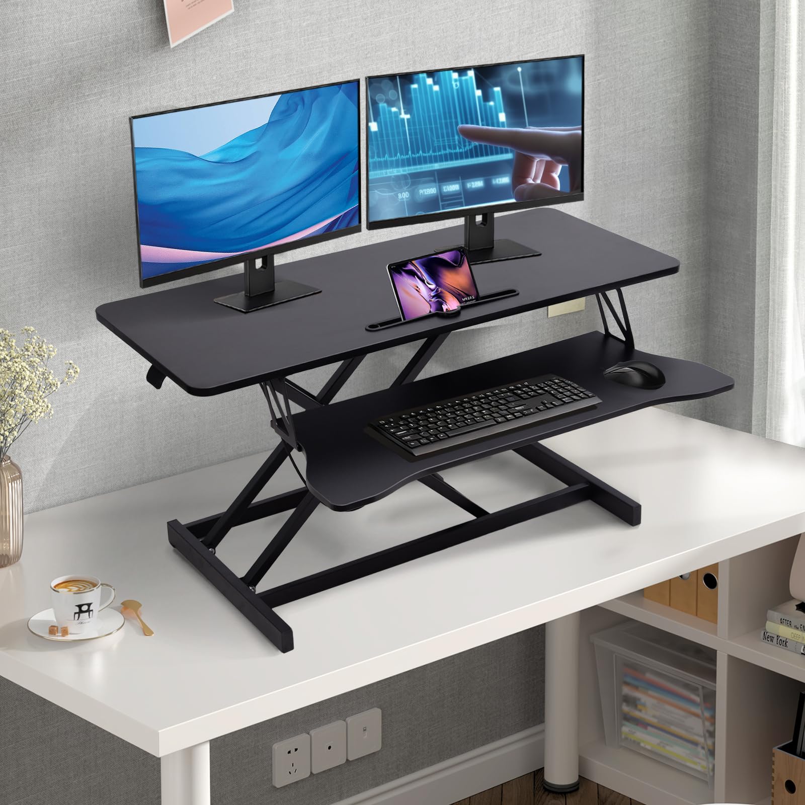 Höhenverstellbarer Schreibtisch-Aufsatz 94 x 40 - Sit-Stand-Erhöhung Macht Jede Workstation zum Standing Desk - mit Tastaturablage Belastbar bis 20 kg Gadgets - Schwarz