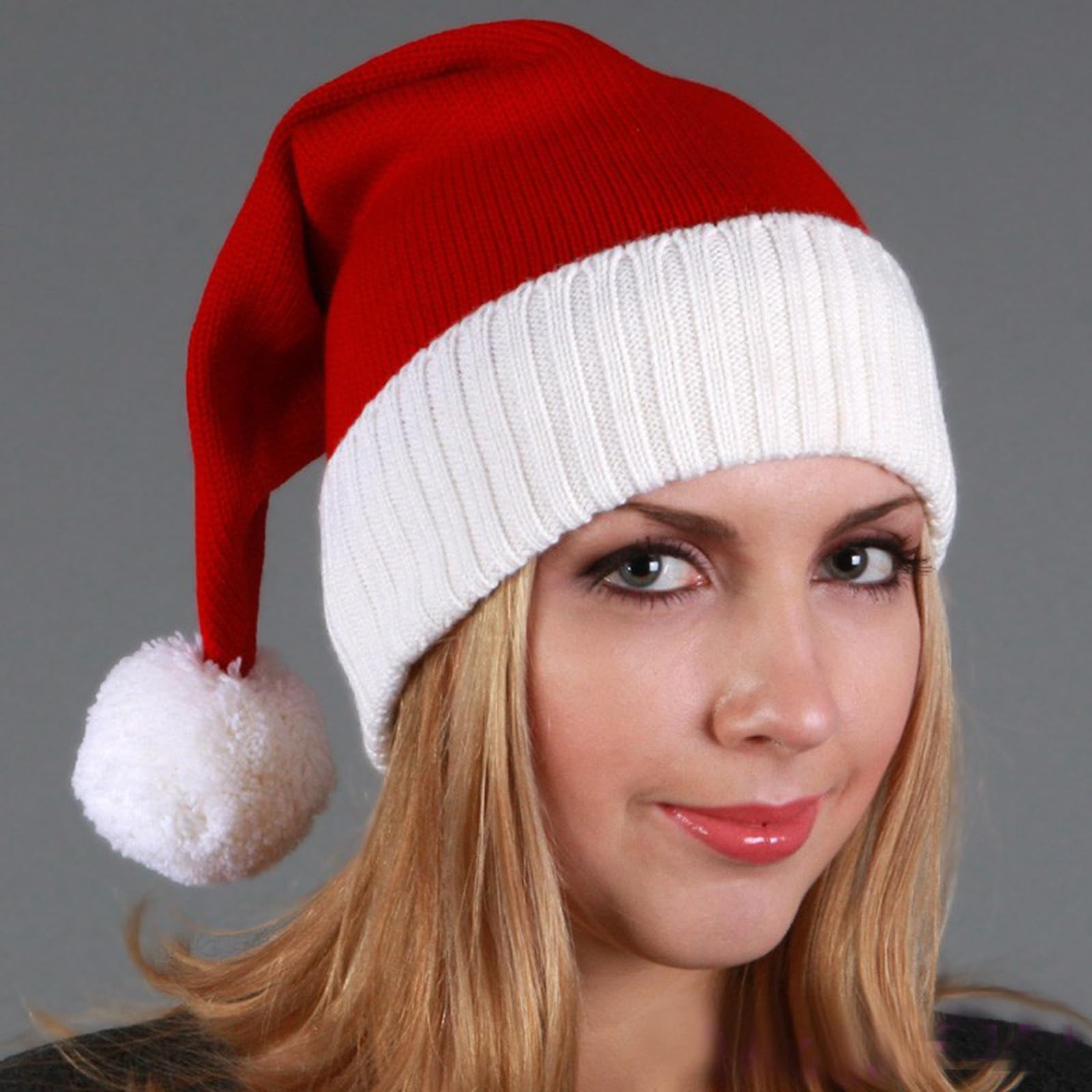 Christmas Knitted Santa Hat for Adult, Red White Winter Hat Beanie Skull Caps for Women & Men