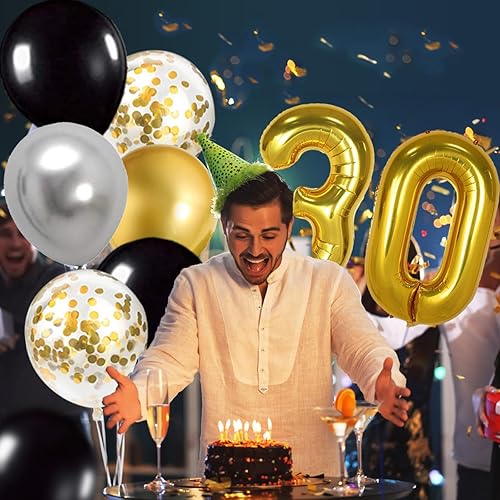 Miniatura 6 de BRT Bearingshui Decoraciones de fiesta de cumpleaños número 30 en negro y dorado, pancarta de feliz cumpleaños, globo de aluminio con el número 30,