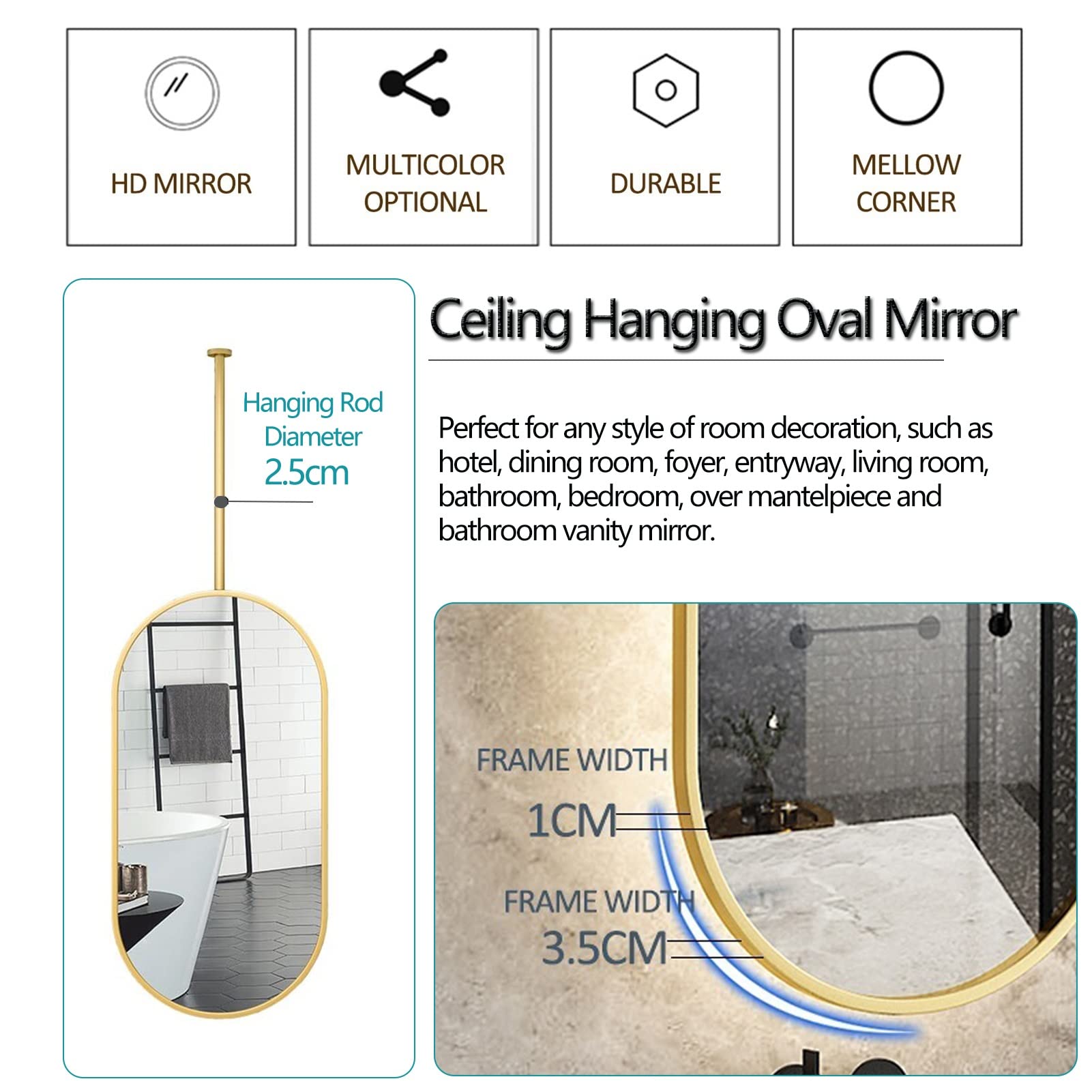 Specchio per asta sospesa a soffitto con struttura in metallo e asta, specchio semplice decorativo da parete per bagno chiaro e pratico, specchi da barba (dimensioni : 40cmx70cm)