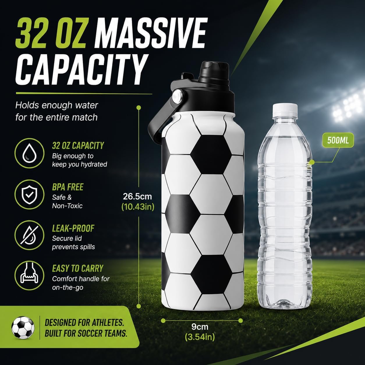 32oz Soccer Insulated Water Bottle 24H Cold with 2-in-1 Straw and Spout Lid