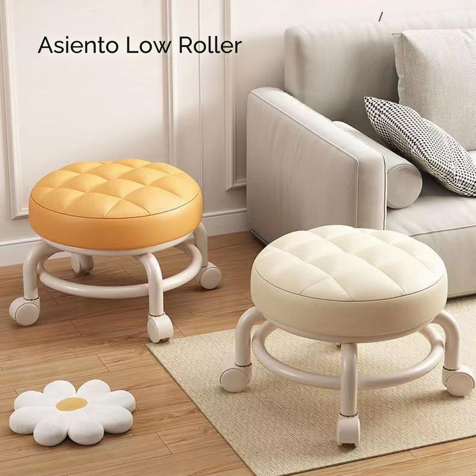 Sxhlseller Taburete De Pedicura Con Ruedas, Taburete De Garaje Giratorio Con Rueda Silenciosa, Taburete Bajo Con Ruedas Para Casa, Oficina, Garaje, Tienda (Blanco)