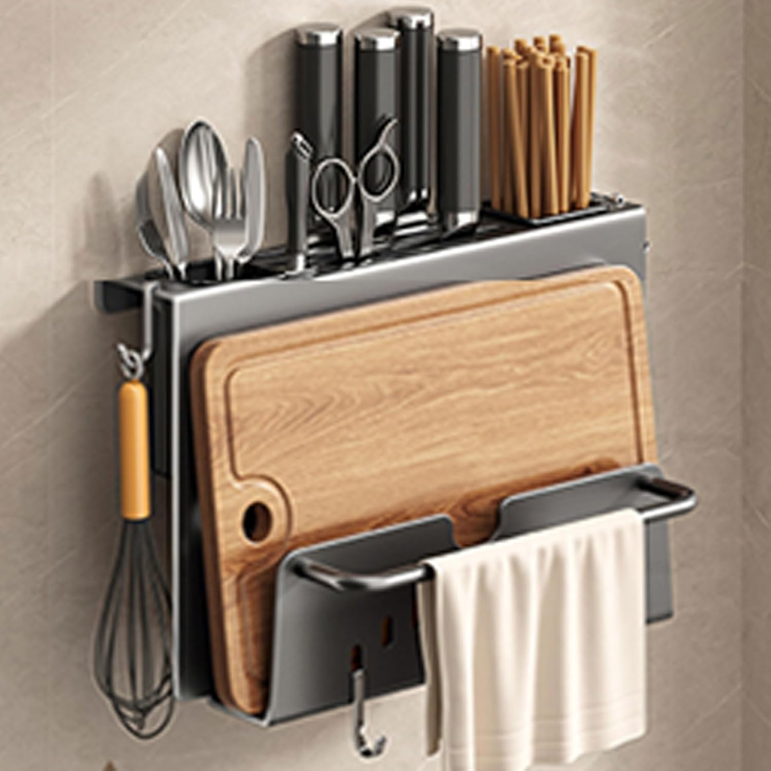 Dxcaicc Wall Mount Utensil Holder,Kitchen Utensil Rack, Multi-use Hanging Storage Organizer Rack with Chopping Board Holder, Storage Shelves for Towel,Cutlery, Spatulas,Grey,A