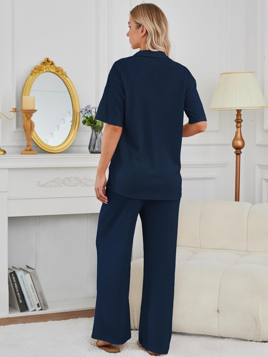 Kikibell Womens Pajama Sets 2 Piece Outfits Lounge Pjs Waffle Knit Sleepwear Button Down Shirts Wide Leg Pants with Pockets - Image 9