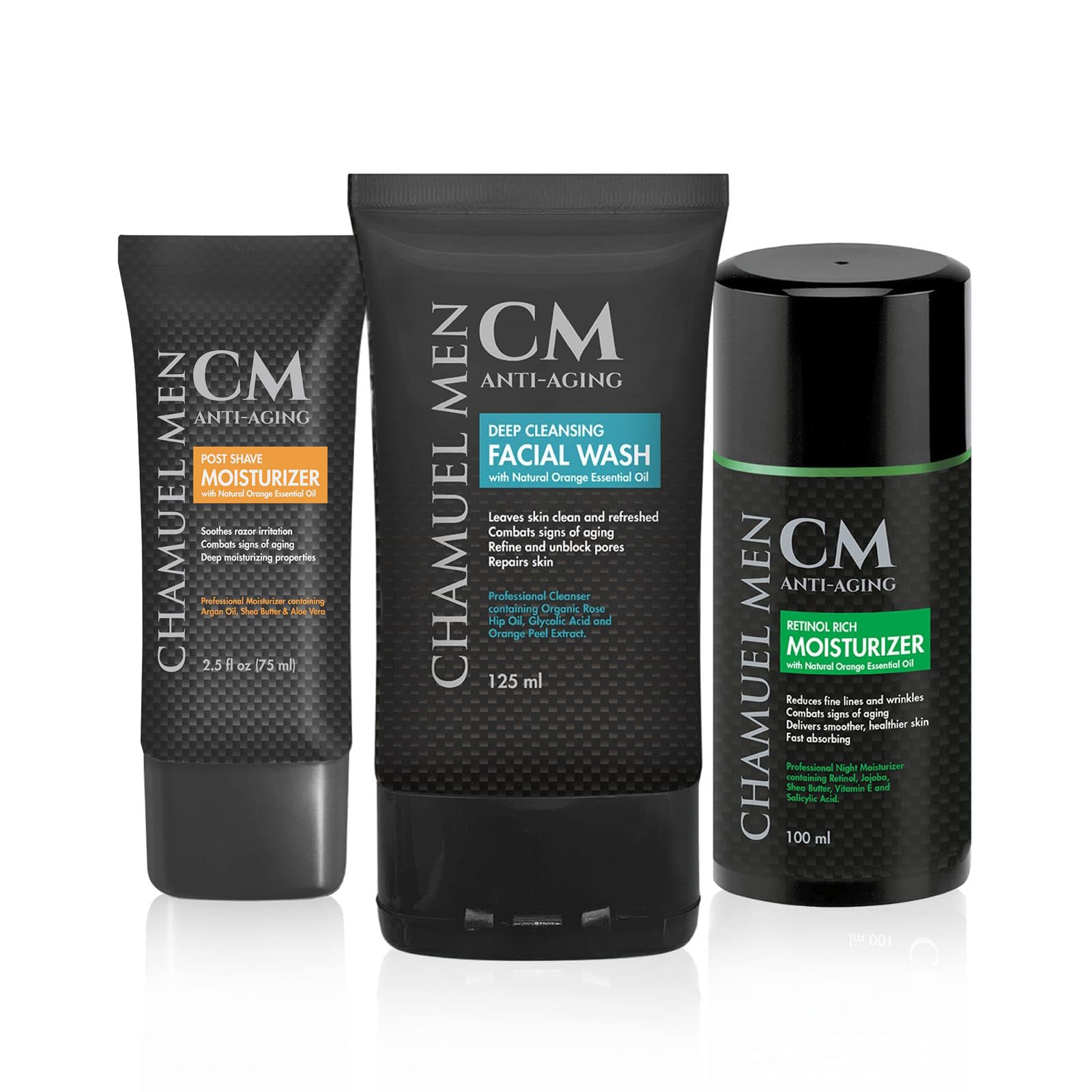 CHAMUEL MEN All You Need Daily Skincare Set for Men | Includes Anti-Aging Facial Wash + Post Shave Moisturizer + Night Moisturizer w/Retinol. Organic