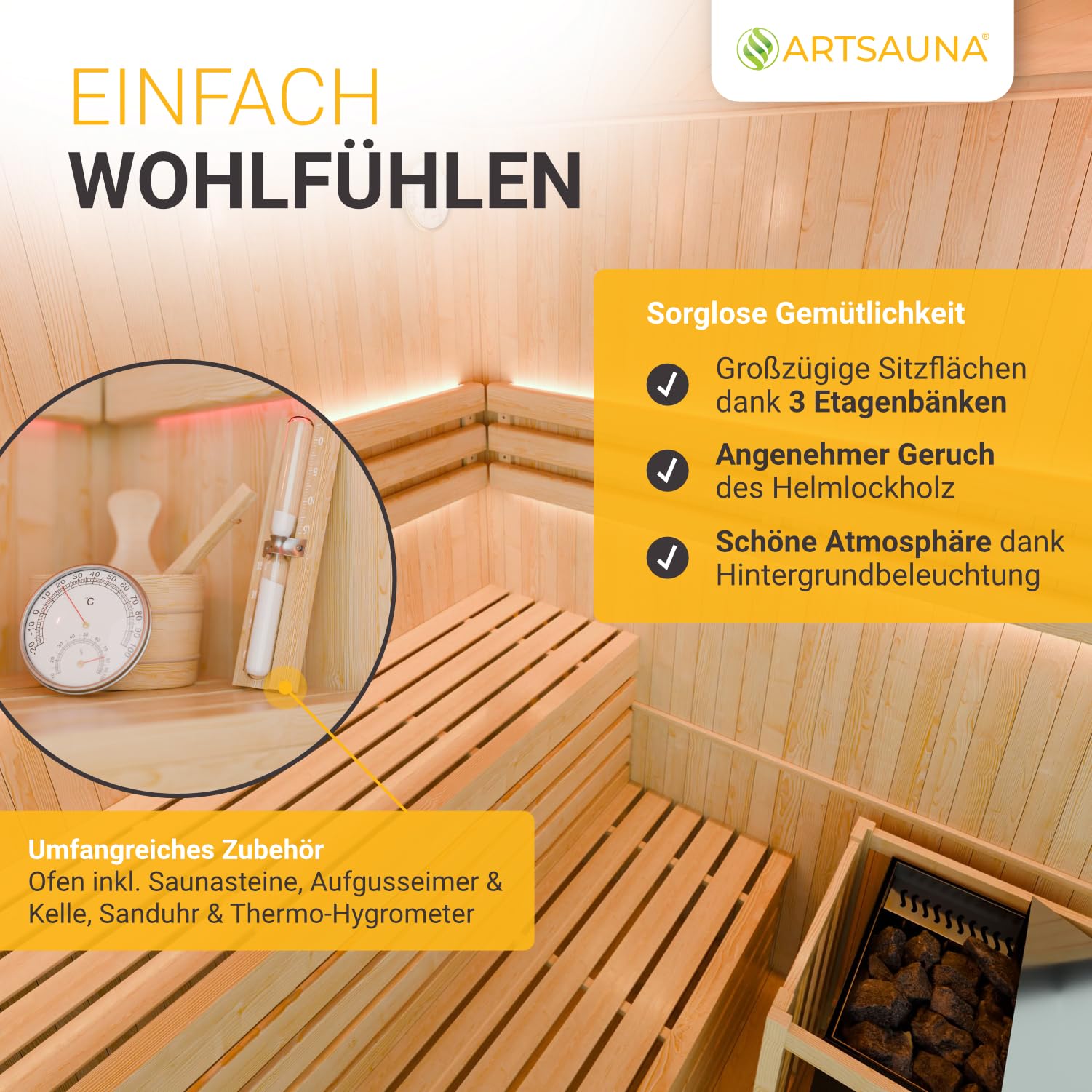 Artsauna Kabina do sauny Espoo150 Premium z piecem Harvia - 3 osoby - drewno hemlock, szklany front i światło LED - z termometrem i klepsydrą - kompletny zestaw