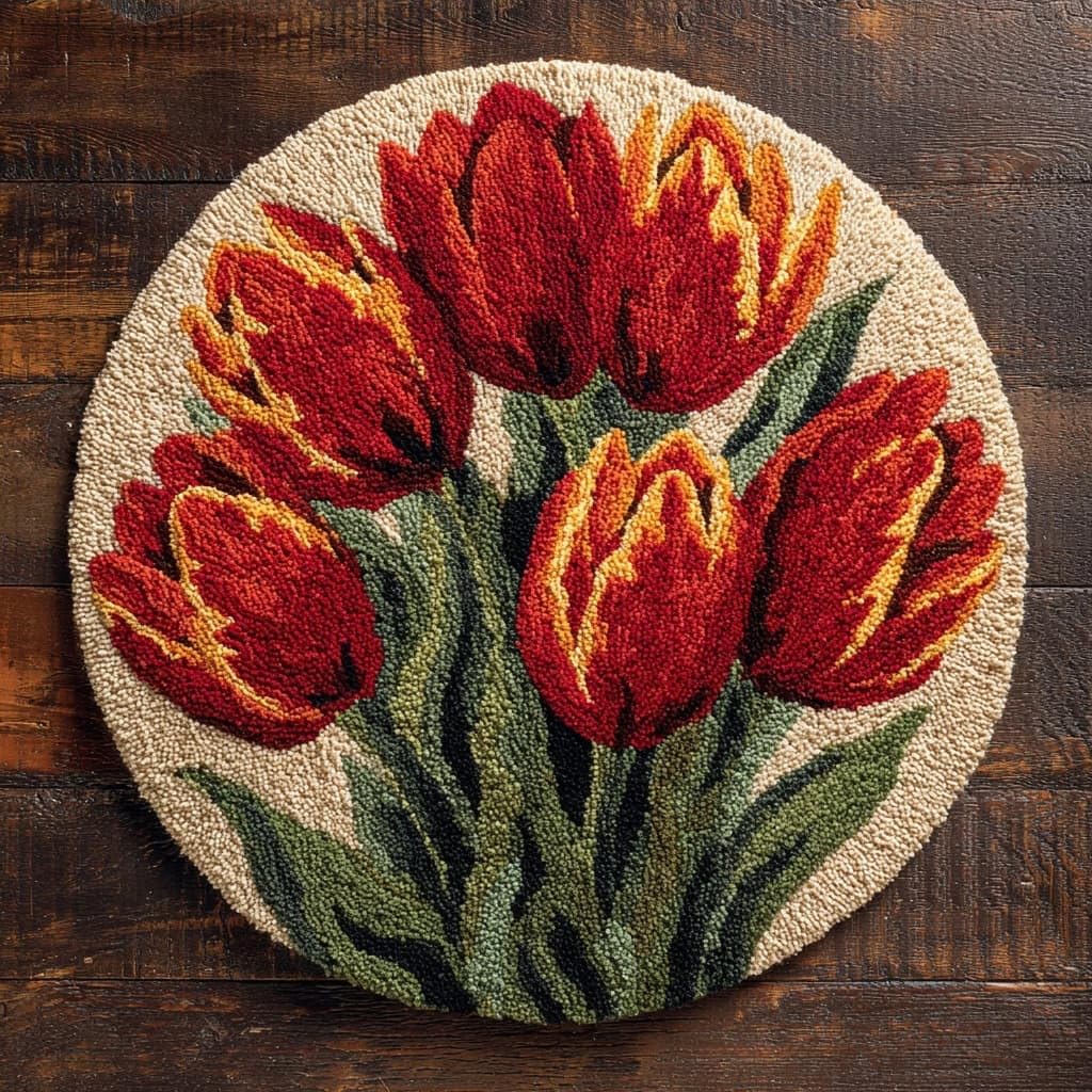 AMBATTERY Round Shape Latch Hook Kits Rug,Tulip Flowers
