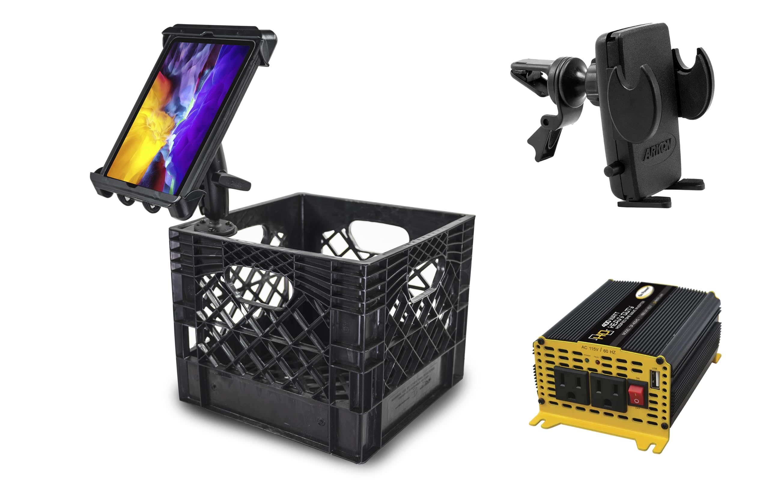 AutoExec Milkcrate Vehicle and Mobile Office Work Station with Tablet Mount, 400 watt Power Inverter and Phone Vent Clip