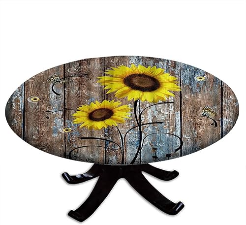 Mantel ajustable redondo de girasol, flores amarillas rústicas en puerta de granero marrón en casa de campo en otoño, adecuado para fiestas de Mantel ajustable redondo de girasol, flores amarillas rústicas en puerta de granero marrón en casa de campo en otoño, adecuado para fiestas de