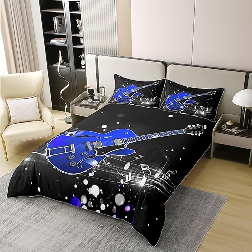 Miniatura 2 de Funda de edredón de guitarra, 100% algodón natural, tamaño King, temática musical, retro, nota musical, funda de edredón para adolescentes y