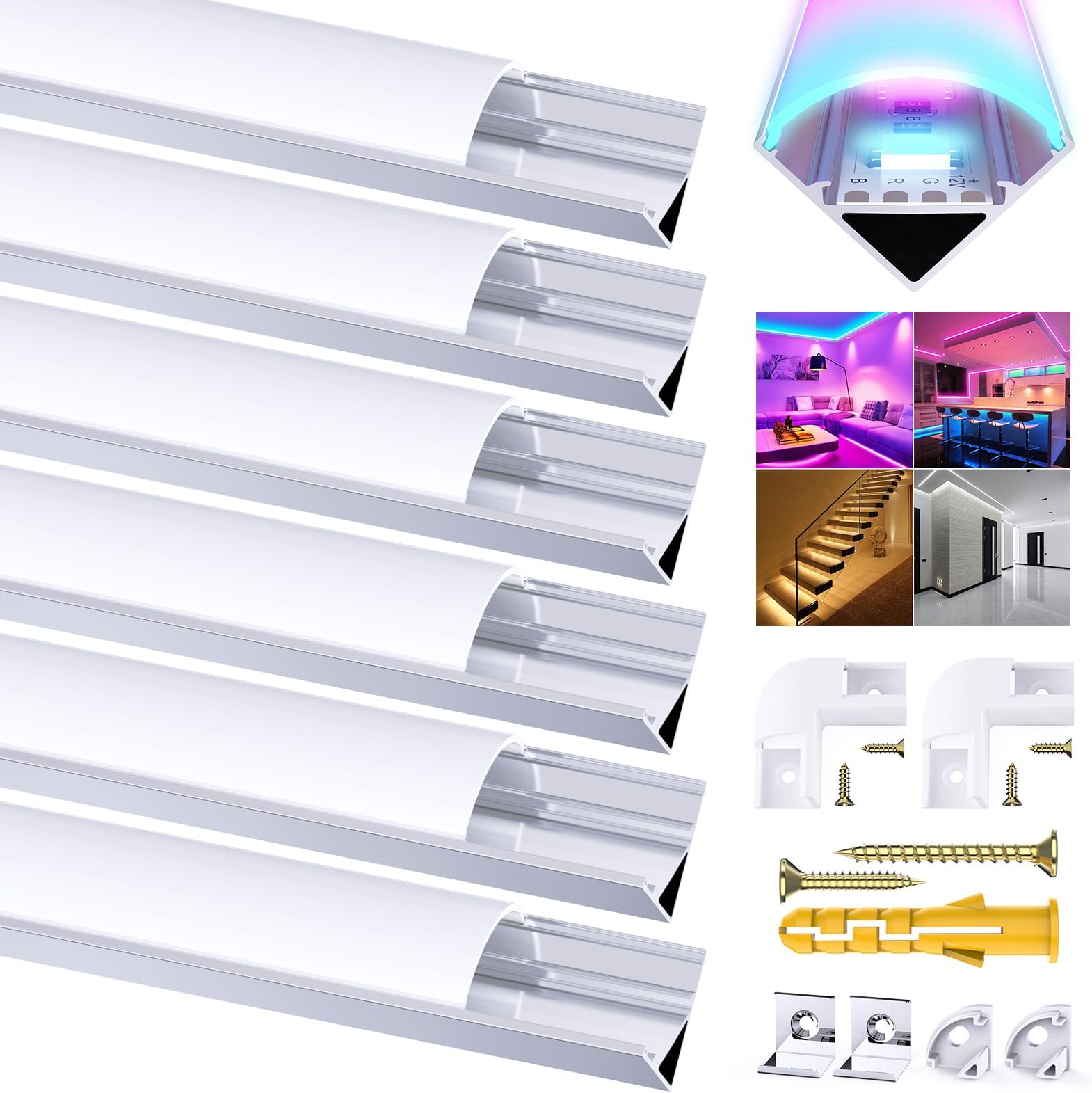 Aluminium LED Profile with Cream White Cover, LED Channel and Diffuser, Metal Mounting Clips, 90 Degree Connector