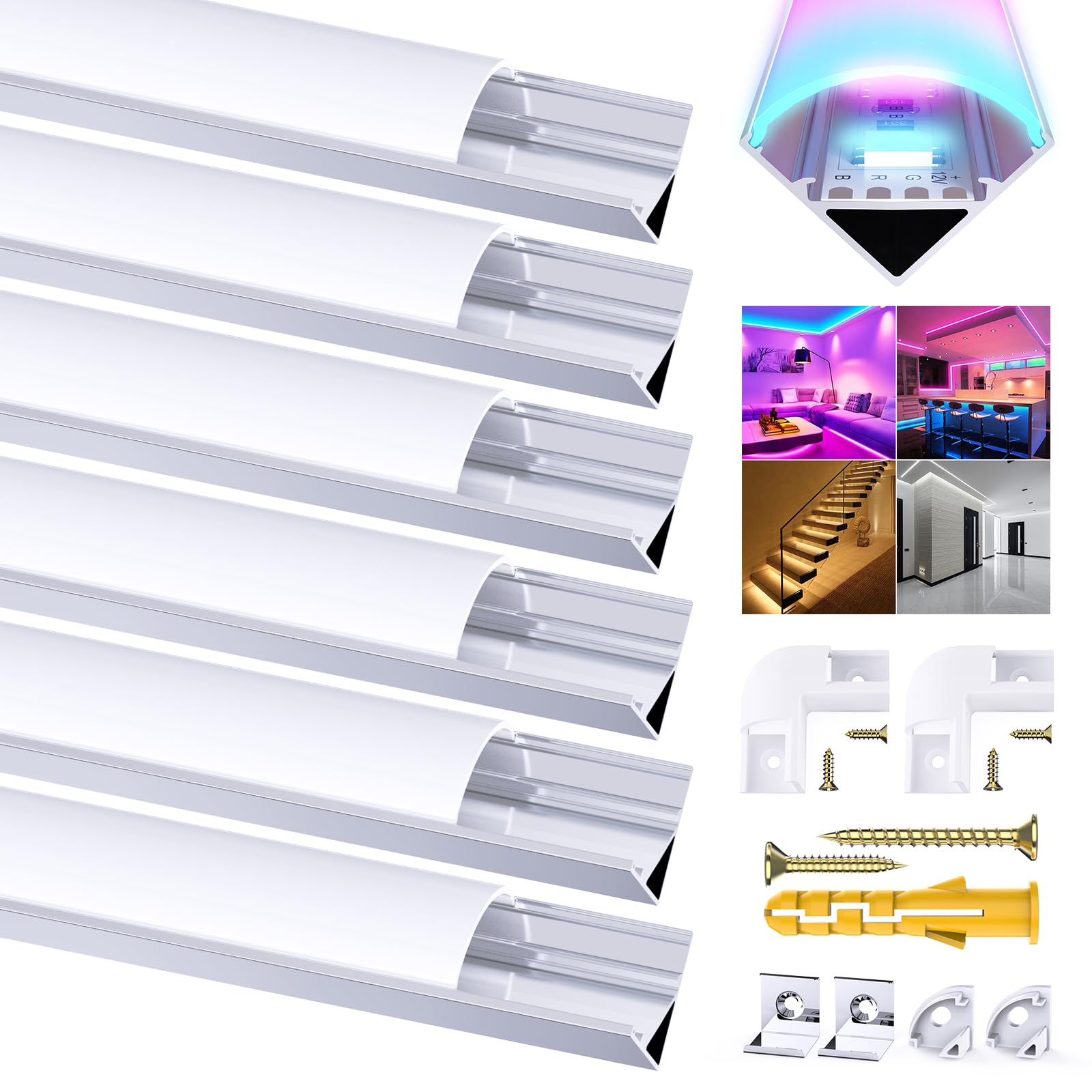6 Pack Led Aluminum Profile, 1Meter/3.3ft V-Shape Led Aluminum Channel, Led Profile with Milky White Cover. LED Channels and LED Diffusers with End Caps, Mounting Clips and Corner Connectors