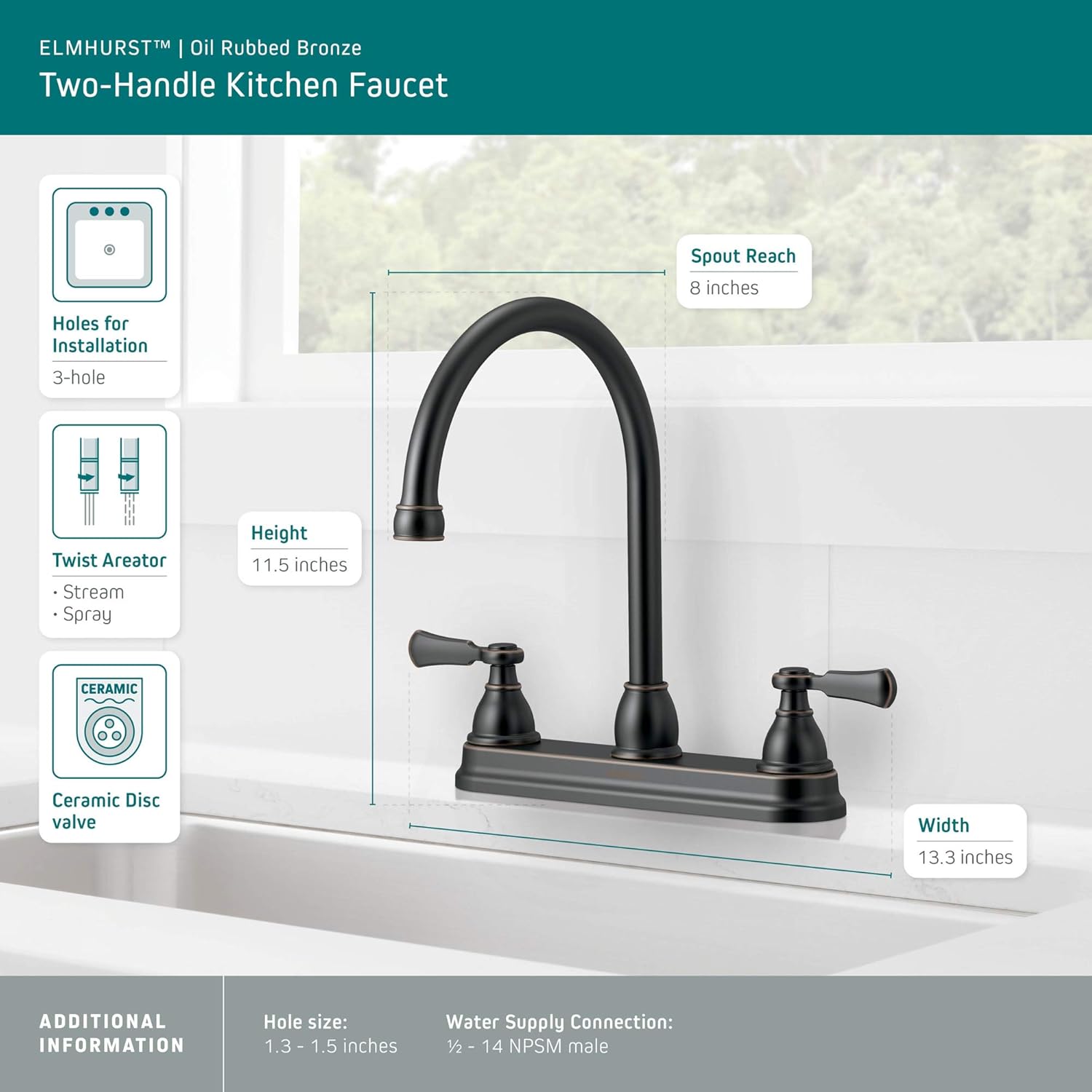 Peerless P2965LF-OB Elmhurst Two-Handle Kitchen Faucet with Twist Aerator Deck-Mount, Oil Rubbed Bronze