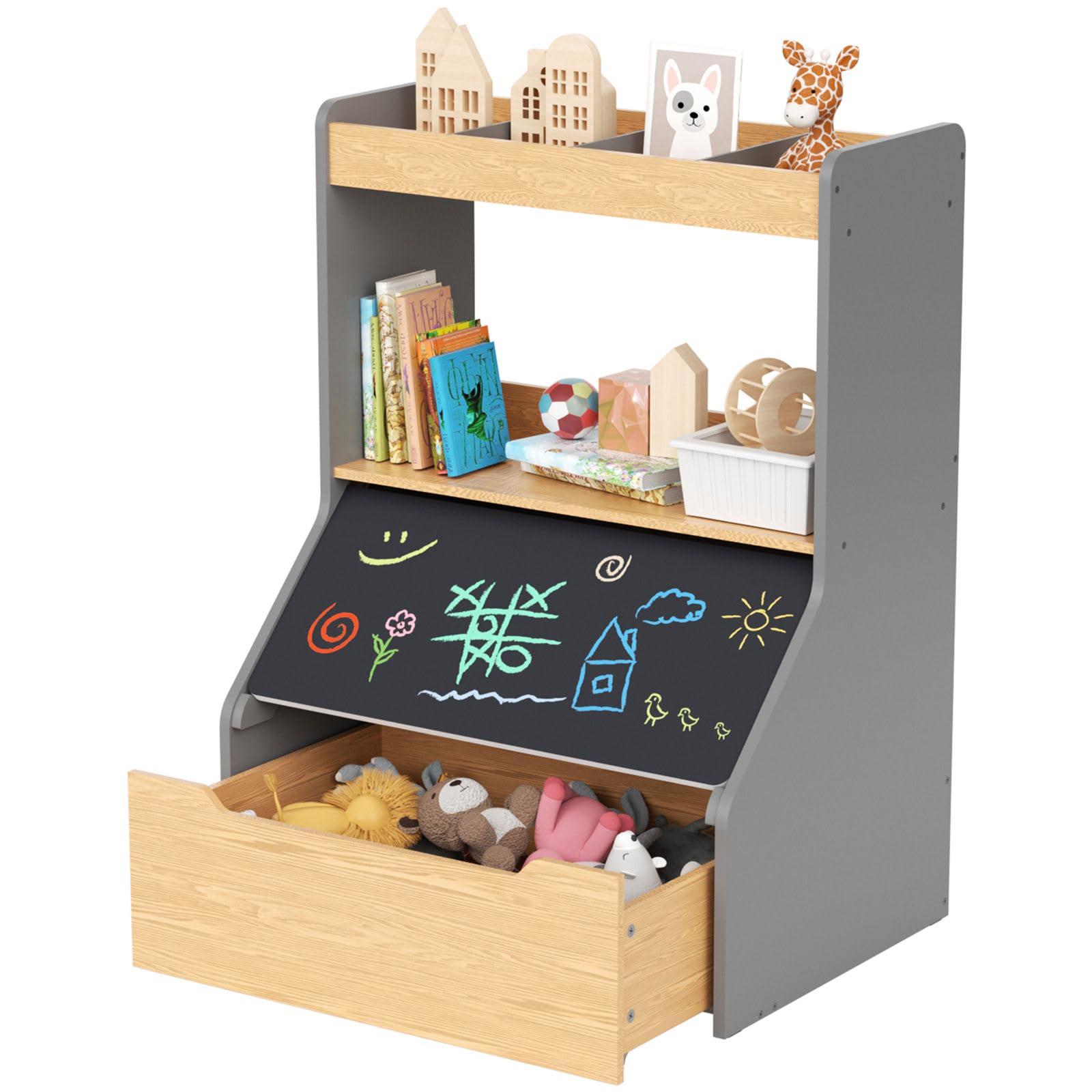 Glaf Toy Box Storage Chest for Toddlers Kids Large Toy Bin with Bookshelf and Chalkboard Lid Plastic Wooden Toy Organizer for Living Room Boys and Girls (Grey)