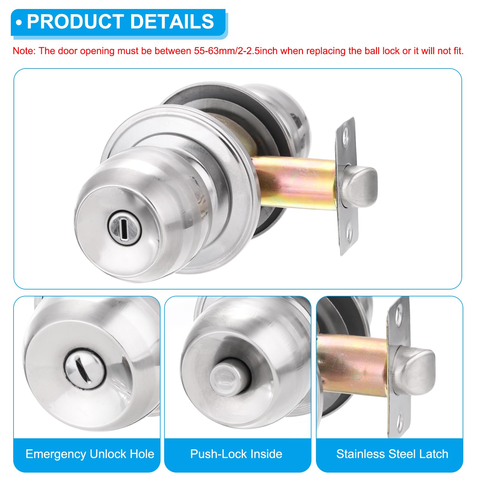PATIKIL Privacy Keyless Door Knobs Interior 70mm/2.8inch - Image 3