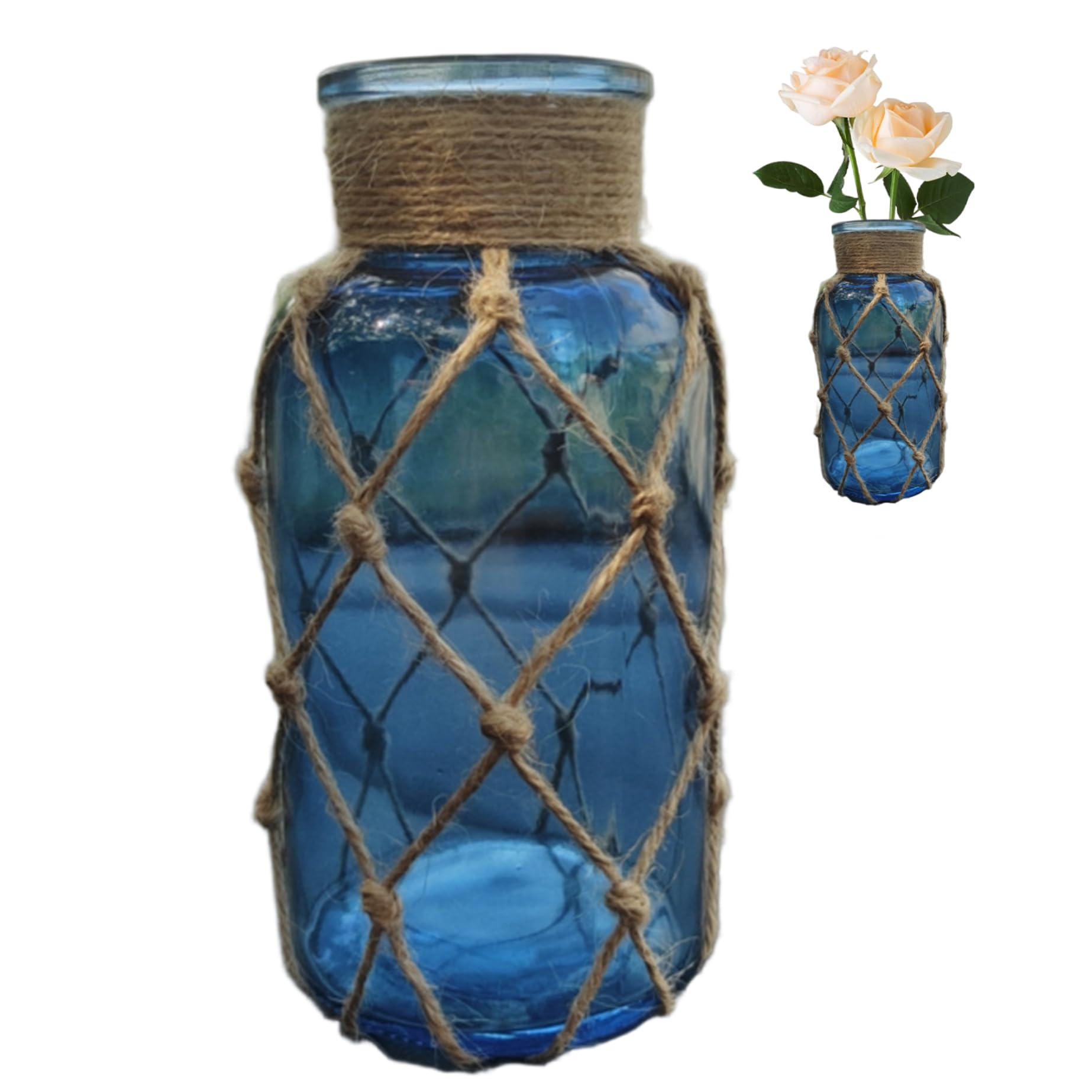 Vase en verre bleu de qualité bouteille décorative avec filet de corde artisanale