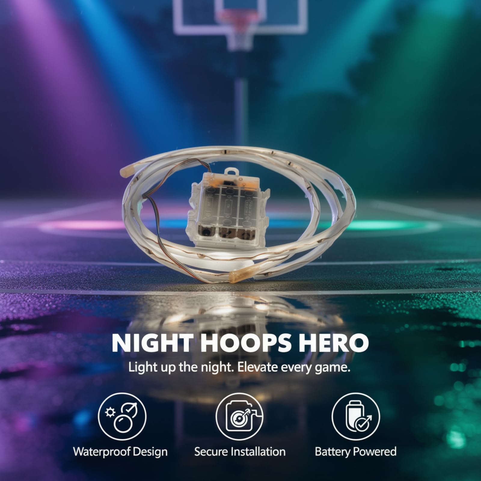 LED-Basketballkorb-Licht-Set mit Fernbedienung, 16 Farben wechselnde Felgenbeleuchtung für Nachtspiel, 1,5 m Lichtleiste, 4,88 m Netzkabel, einfach zu installieren im Innen- und Außenbereich