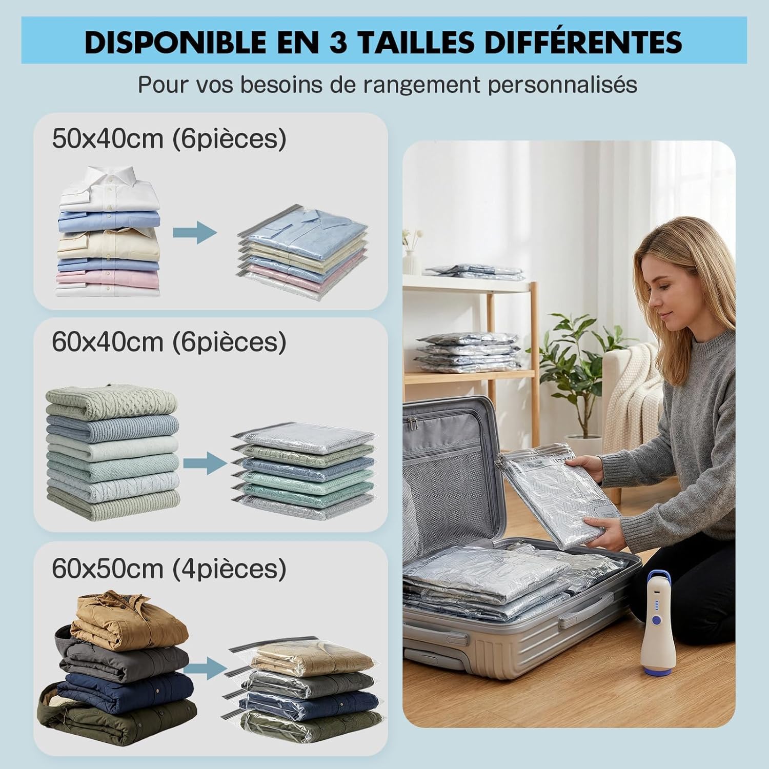 Sac Sous Vide Vêtement Aspirateur avec Pompe Sans Fil, Lot 20