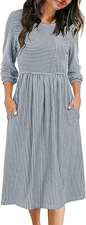 MEROKEETY Women's 3/4 Balloon Sleeve Striped High Waist T Shirt Midi Dress with Pockets