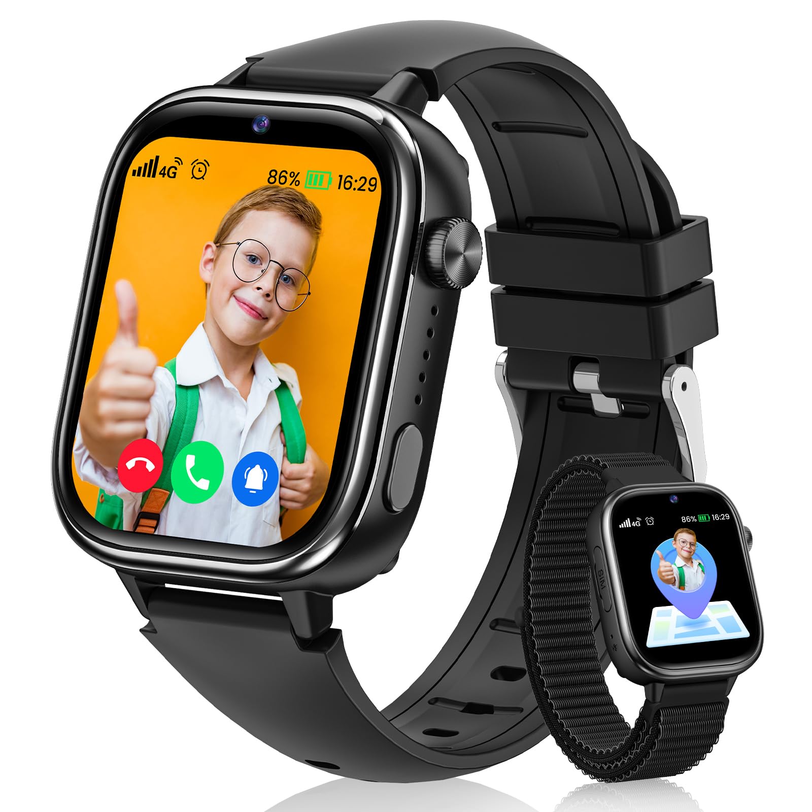 RUXINGX Montre Connectée Enfant avec GPS et Telephone Smartwatch 4G (Noir) | Appel Vidéo, Appel, SOS, Mode Classe, Podomètre, Appareil Photo, IP68 Étanche, Cadeau pour Garçons Filles