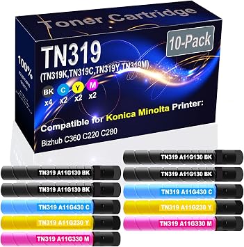 10-Pack 4BK+2C+2Y+2M Compatible Bizhub C360 C220 C280 Laser Toner Cartridge High Capacity Replacement for Konica Minolta TN319 TN-319 TN319K TN319C TN319Y TN319M Printer Toner Cartridge