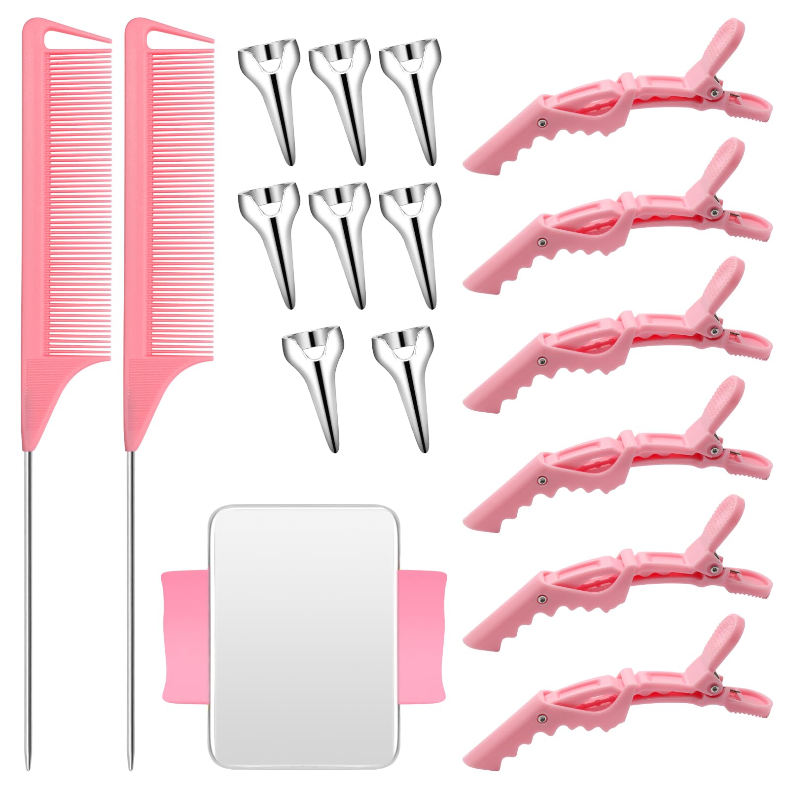 Coldairsoap Hair Styling Tools Set - 17 Pieces Including Sectioning Rings, Tail Combs, Clips, and Wrist Pin Holder for Braiding (Pink)