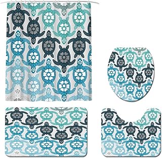 Sponsored Ad - Sea Animal Shower Curtain Sets with Non-Slip Rugs, Toilet Lid Cover and Bath Mat Watercolor Turtle Fabric S...