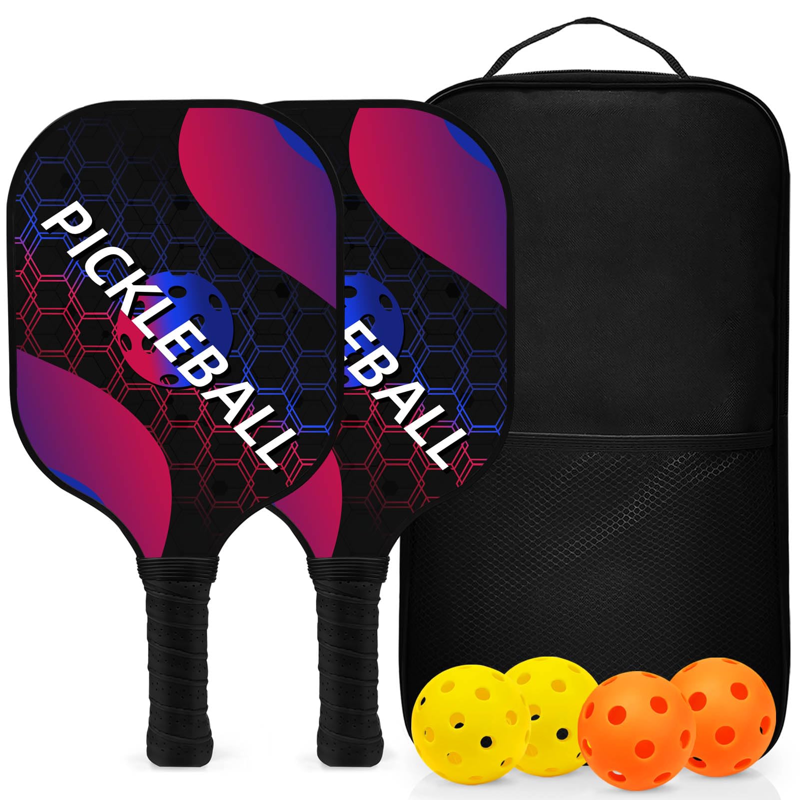 Ensemble de Raquette de Pickleball, Fibre de Verre Battes Pagaies Palette de Pickelball avec 2/4 Raquettes, 4 Balles & 1 Sac de Transport