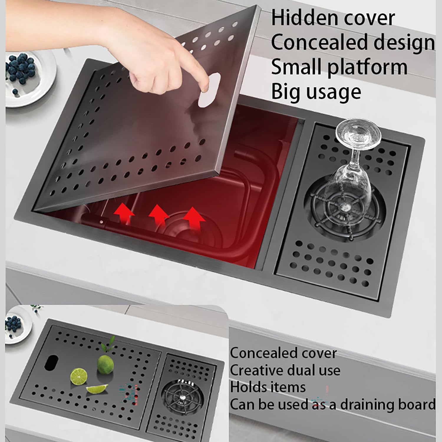 Hidden RV Bar Kitchen Sink Outdoor Single Bowl Stainless Steel Workstation Sinks with Foldable Faucet Undermount/Topmount Small Single Bowl Sink with Rinser,Cover,700 * 400 * 220mm