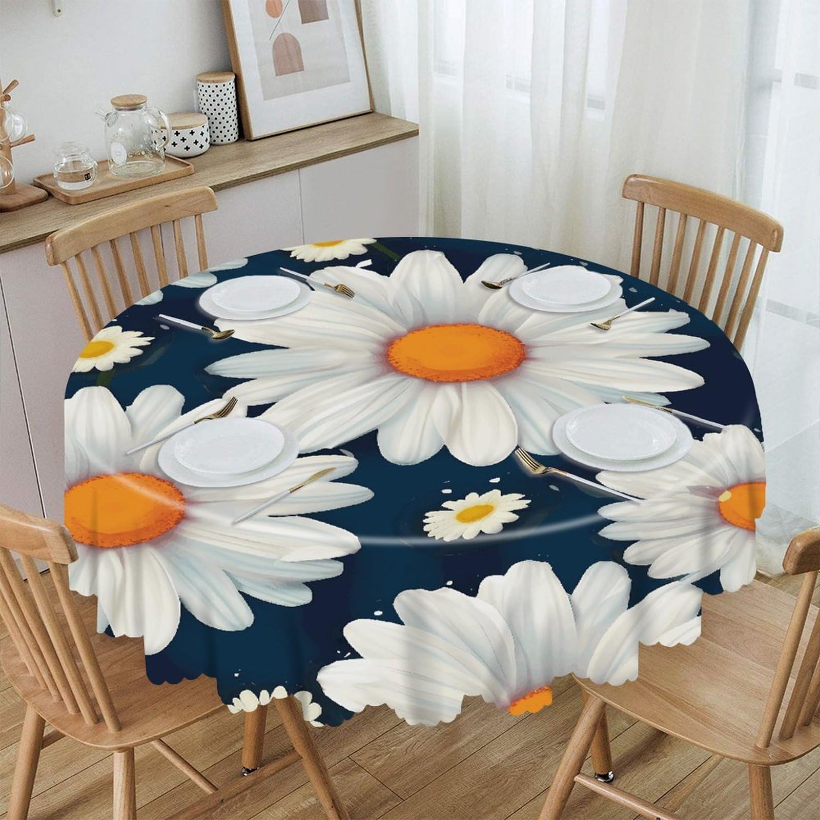 Btcowzrv Style Daisy Pattern Polyester Round Tablecloth 59.84 Inch, Decorative Washable Table Cover, Table Cloth For Restaurant Picnic Indoor And Outdoor Dining